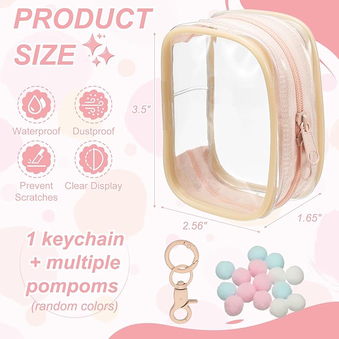 uxcell 3.5 Inch Clear Figure Display Bag, Mini Clear Pouch Waterproof Coin Pouch with Keychain and Pom Poms for Blind Box Doll Display (Square, Dusty Mauve)