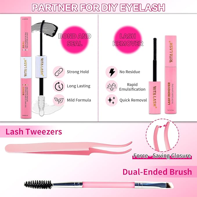 Lash Clusters Kit Eyelash Clusters Kit Fairy Cluster Eyelash Extensions Large Pack Lashes Clusters Lash Extension Kit Pestañas Postizas Naturales+Lash Bond&Seal,Remover,Tweezers,Brush(Lash Kit-8)