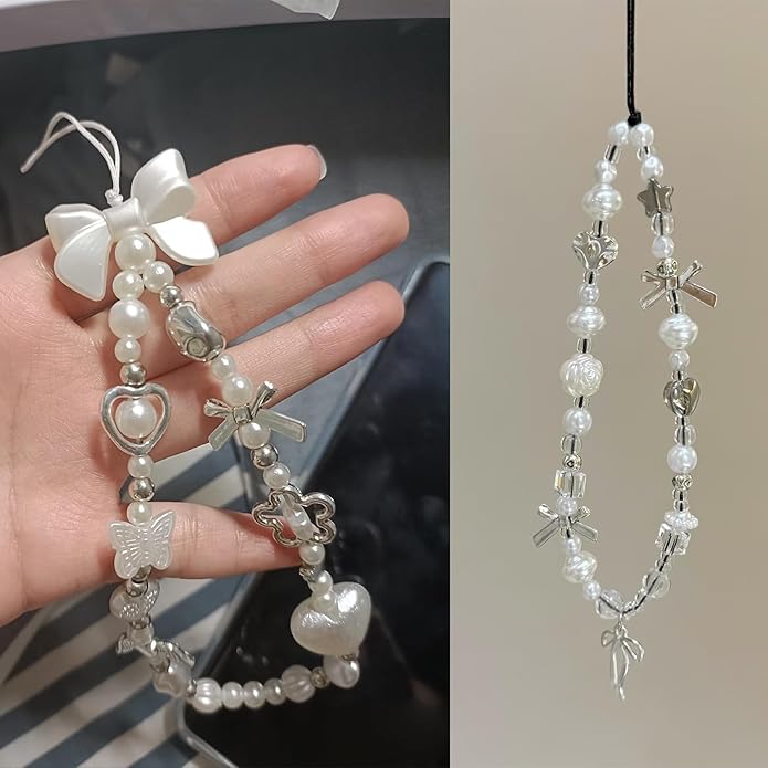 2 Pcs Phone Charm Strap Hand Universal for iPhone Wrist Strap Camera Lanyard Pearl Beaded Cute Chain String Accessories Universal for iPhone 17 Pro Max Samsung Women Girls Phones Bag Keychain