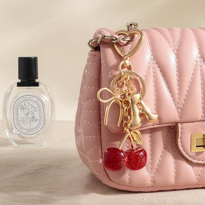 Snycler Bubble Initial Keychain with Cherry & Bow - Gold Letter Bag Charms for Women, Cute Purse Handbag Accessories