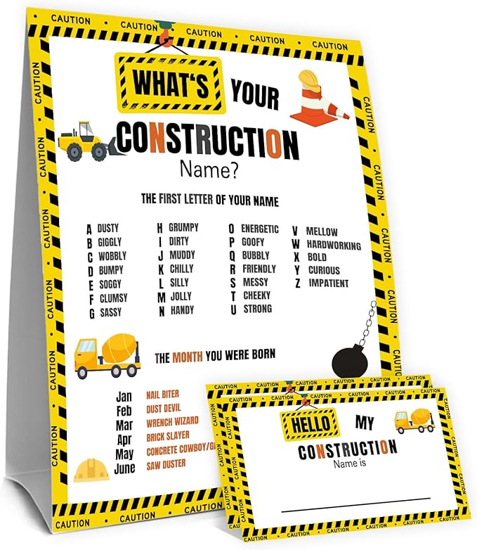 What's Your Construction Name Game, Construction Birthday Party Games for Boys,Construction Party Decorations, Kids Birthday Activities,1 Double Sided Sign and 30 Stickers,5x7 Inch