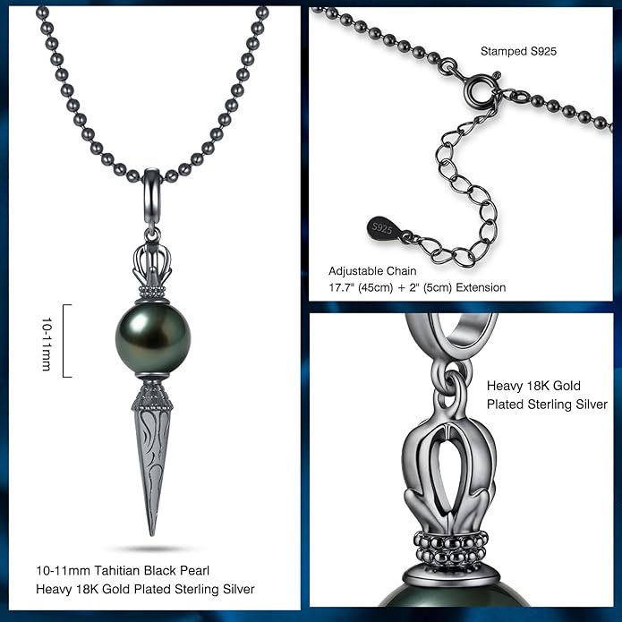 Genuine Tahitian Black Pearl Necklace for Women, 9-13mm AAAA Seawater Pearl - Sterling Silver Moissanite Pendant, Wedding Anniversary, Birthday, Christmas Gift for Wife, Mom, Girlfriend, Fine Jewelry