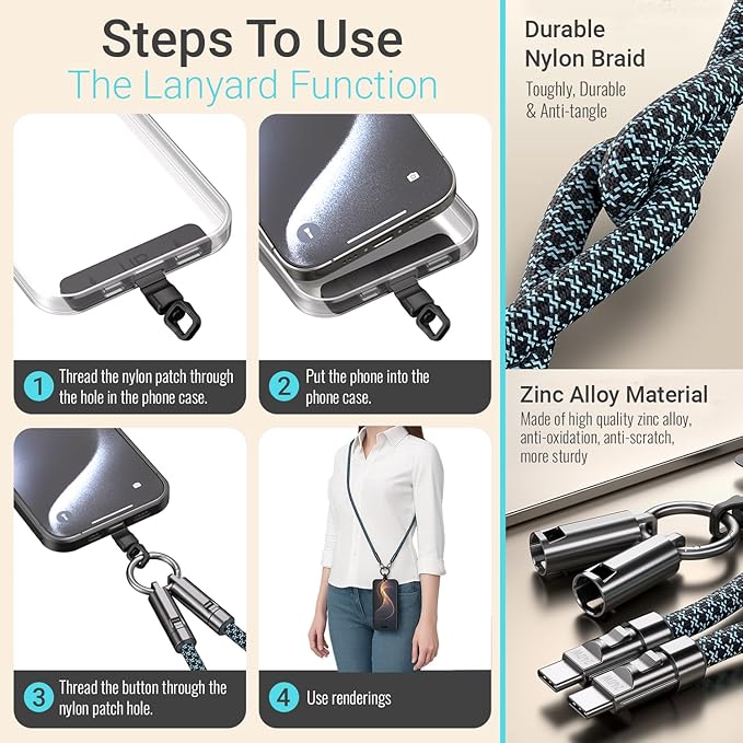 TOP-UP Lanyard – Cell Phone Strap with 240W USB C Charging & Data Cable – Durable Travel Essentials for iPhone 17/16/15