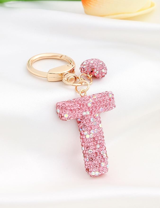 Initial Keychain for Women Girls,Bling Letter Key chain Initial with Heart,Pink Keychain Charms for Backpack Handbag