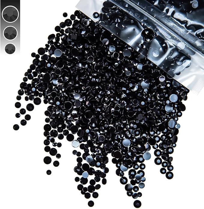 Pure Black Resin Rhinestones for Crafting 3mm 4mm 5mm Mix Solid Black Flatback Jelly Stones Bulk SS10 SS16 SS20 Diamonds Gems for Nails Face Eyes Makeup Tumblers Bottles Crafts Clothes Shoes