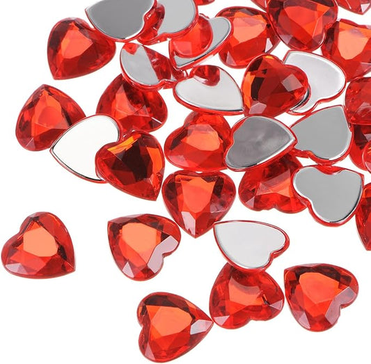 MECCANIXITY 40 Pcs Acrylic Heart Rhinestone 15mm Flat Back Plastic Gems Jewelry Stickers for Craft Bead Face Painting Costume Jewelry Making, Red