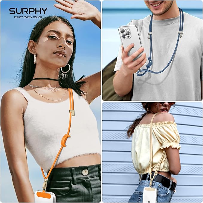 SURPHY Phone Lanyard, Adjustable Phone Strap Crossbody with 2 Pack Cell Phone Tether Tab, Premium Metal Buckles, Skin-Friendly, Universal Cell Phone Lanyard Crossbody for Women and Men, Denim Blue