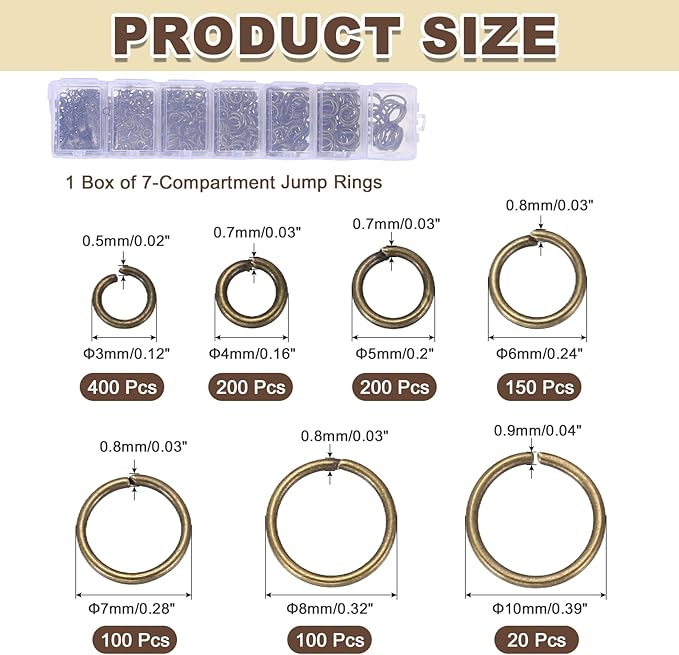 MECCANIXITY 1170Pcs Jump Rings for Jewelry Making, 7 Sizes Jewelry Making Kit with Jump Ring Opener & Pliers for Keychains Earings Repairing DIY Crafting Bronze