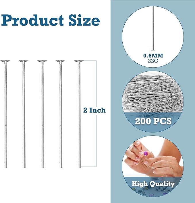 Mandala Crafts 2 Inch Stainless Steel Flat Head Pins for Jewelry Making Earring Making Supplies - 200 Jewelry Findings for Making Earring DIY Bracelets Rosary Charms