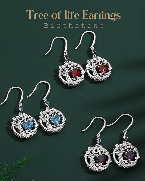 FANCIME Tree of Life Dangle Drop Earrings 925 Sterling Silver Dainty Round Gemstone Birthstone Earring Fine Jewelry Birthday Christmas Gifts for Her Women