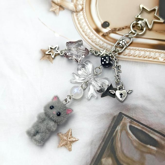 Cute Cat Keychain, Y2K Heart Bow Pendant, Kawaii Cat Bag Charm