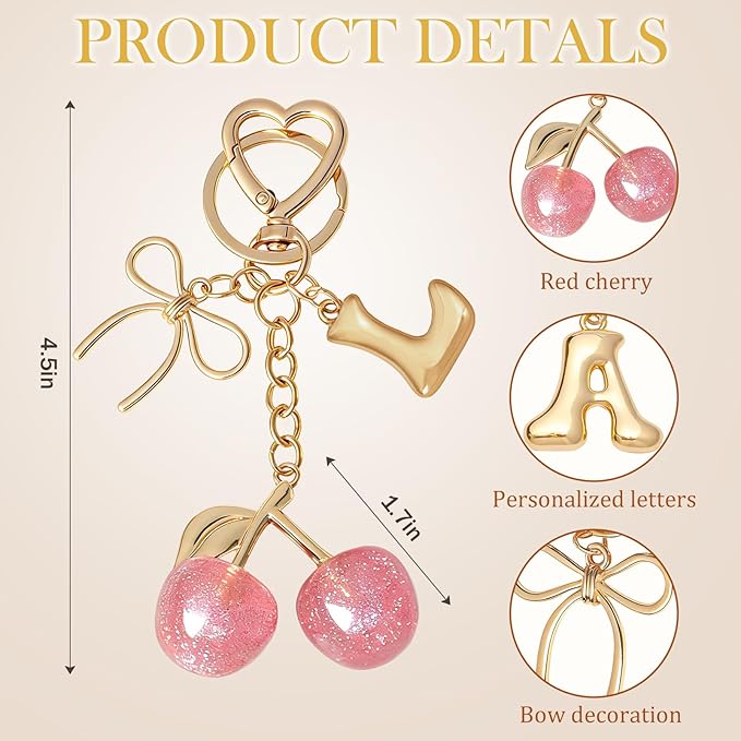 Snycler Bubble Initial Keychain with Cherry & Bow - Gold Letter Bag Charms for Women, Cute Purse Handbag Accessories