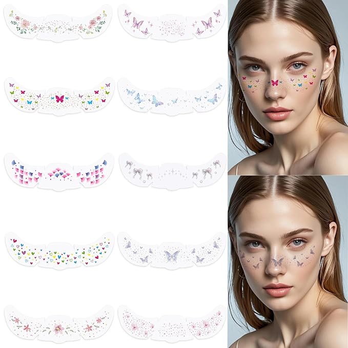 10Pcs Face Makeup Patches, Butterfly Flowers Freckles Face Tattoo, Colorful Temporary Tattoo, Sparkle Makeup Patches for Kids, Waterproof Face Glitter Freckles Patches for Women Girls