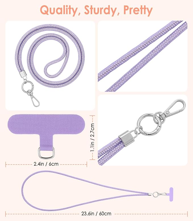 MoKo Universal Phone Lanyard, Metal Cell Phone Chain Crossbody Strap Anti-Theft Detachable Women Cellphone Lanyards Around The Neck with Patches for iPhone, Most Smartphones - Crystal Purple