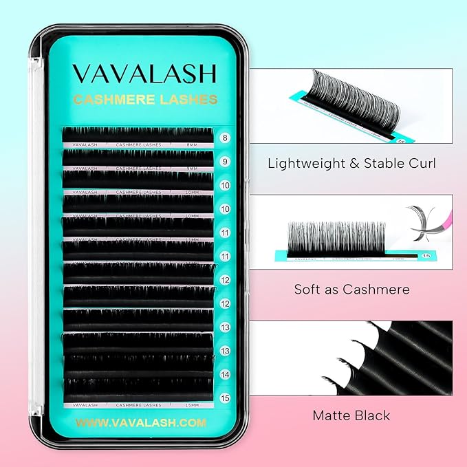 VAVALASH Cashmere Lashes 0.03/0.05/0.07/0.15 Premium Lashes Volume Eyelash Extensions 8-20MM Individual Silk Lashes, Soft Matte Black Professional Lashes Extension Tray Supplies (0.03-DD-8-15MM)