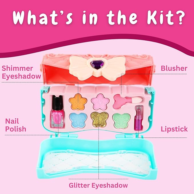 Kids Makeup Kit for Girls – Real Washable Play Cosmetic Set Palette Case, Non-Toxic Pretend Makeup Toys, Perfect Party Favors & Gifts (8 Pack Purse)