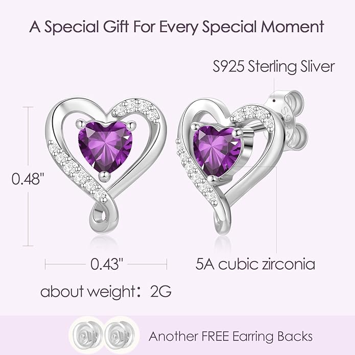 Zifeel Earrings for Women, S925 Sterling Silver Rose Gold Birthstone Heart Studs Earring for Girlfriend Wife, Anniversary Birthday Christmas Valentines Mothers Day Gifts Jewelry for Women Wife Her Mom