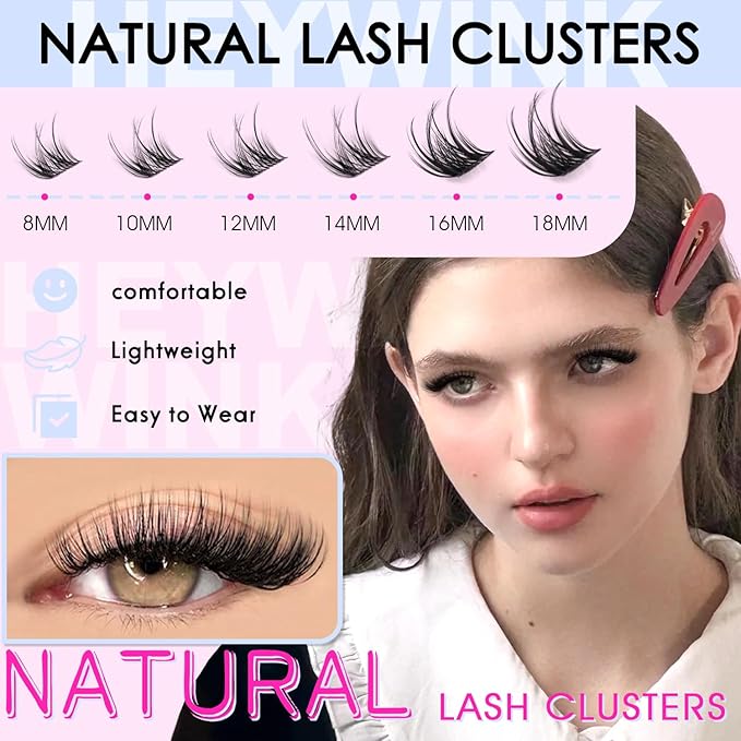 HEYWINK DIY Lash Extension Kit Natural Look Wispy Lash Clusters D Lashes Clusters 8-18mm Eyelash Extension Kit Lash Bond and Seal Lash Tweezers Individual Lashes Lash Cluster Kit For Beginners
