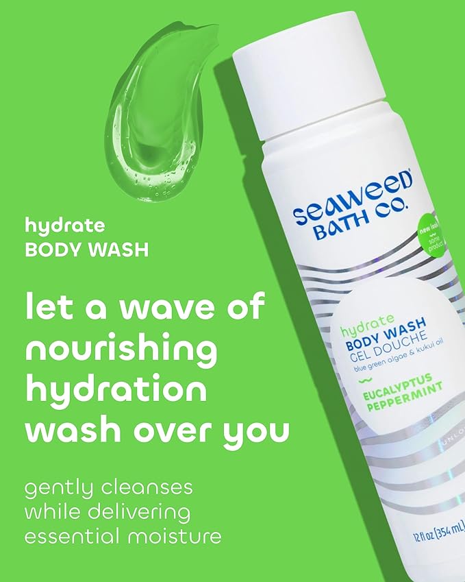 Seaweed Bath Co. Hydrate Body Wash - Eucalyptus Peppermint - Hydrating Lathering Cleanser with Nourishing Natural Ingredients - Vegan, Paraben and Sulfate Free Shower Gel - 12 oz