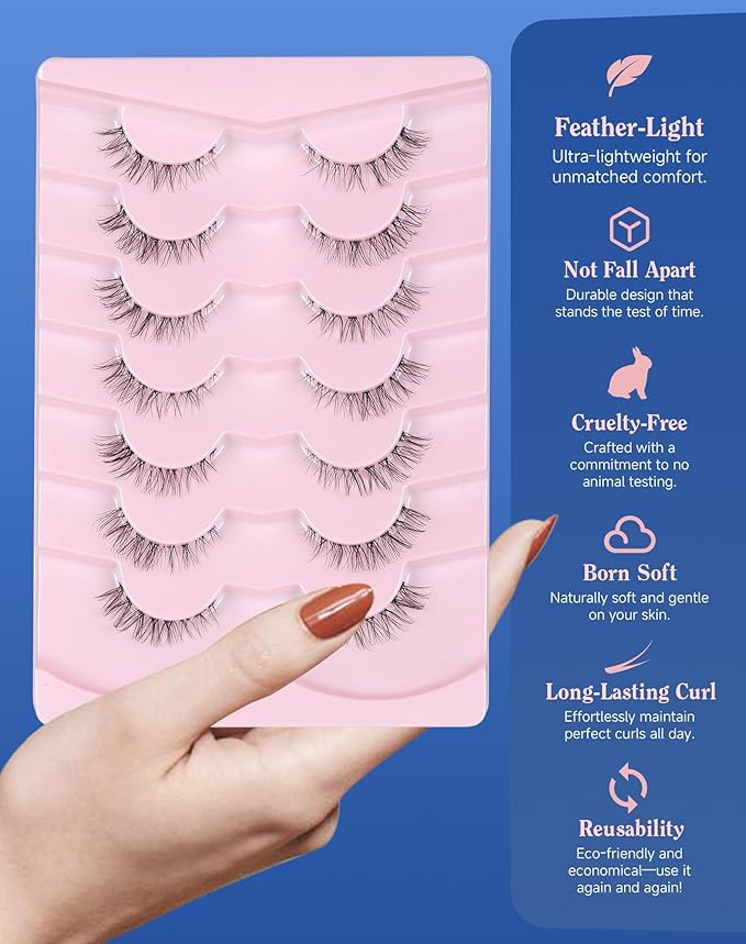 Short Lashes Natural Look Wispy False Eyelashes Flared Strip Eyelash Small Lash Fluffy Clear Band 7 Pairs C21