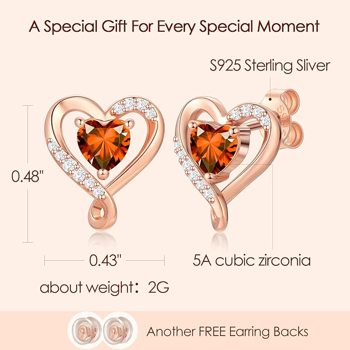 Zifeel Earrings for Women, S925 Sterling Silver Rose Gold Birthstone Heart Studs Earring for Girlfriend Wife, Anniversary Birthday Christmas Valentines Mothers Day Gifts Jewelry for Women Wife Her Mom