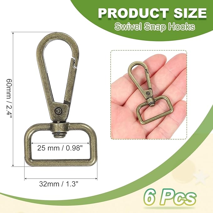 Swivel Snap Hooks, Metal D Ring Keychain Lanyard Clip Hook Lobster Clasp Claw Push Gate Clip - Fitting for(Purse Making - Sewing - DIY Crafts) 6 Pcs & 1" & Bronze