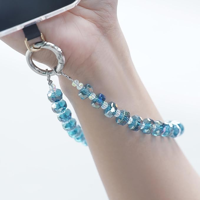 Crystal Beaded Phone Wrist Strap Glass Beads Bracelet Lanyard Crystal Chain Cell Phone Wristlet Strap for Women (Aqua Glass Green)