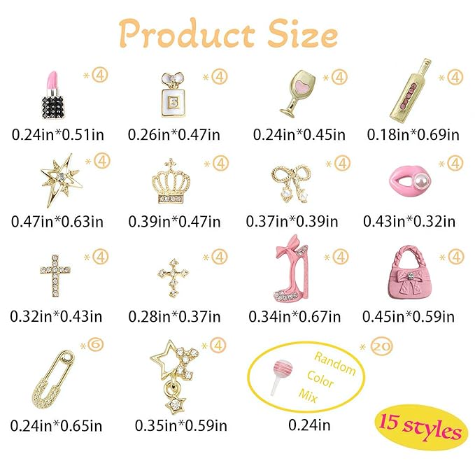 84 pcs 3D Gold Pink Nail Charms Y2K Set Cute Nail Charms with Stars, Crowns, Crosses,Bins,Lollipops, Lips, Bottles, Cups, Perfume, Lipsticks, Bags, and Heels for Nail Art