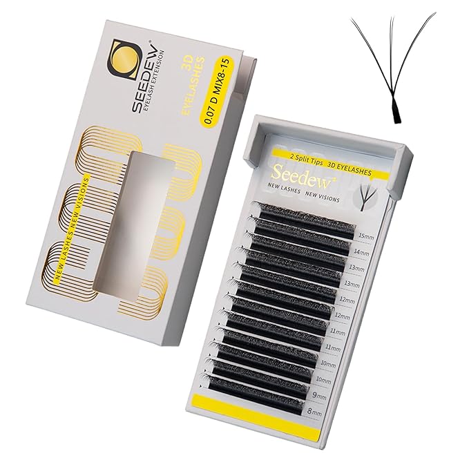 SEEDEW 3D-Double Tips Lash Extensions, 0.07mm D Curl MIX8-15mm 12 Rows/Tray, W Shape 3DD Flat Stem, PBT Natural Eyelashes for Beginner Artist, Lash Tech, Beauty Salon(3DD-Matte Black-0.07-D-MIX8-15mm)