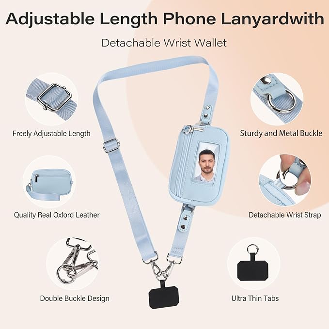 Phone Lanyard Crossbody with Wallet，Detachable Phone Strap Wristlet with ID Window and Zipper，Adjustable Strap for All Phone
