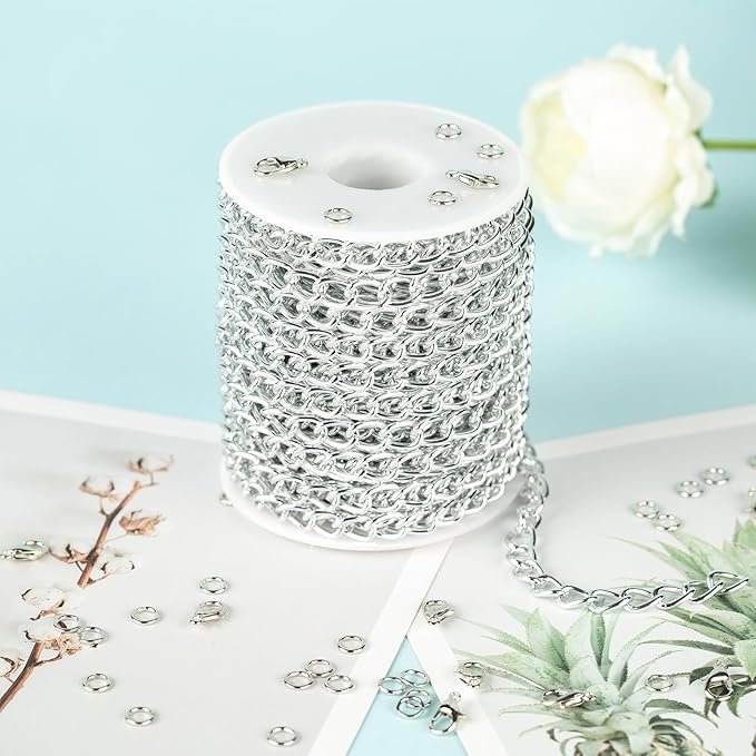33ft/10m Cable Link Chain for Jewelry Making Light Silver Plated Aluminum Jewelry Chains Bulk with Jump Rings and Lobster Clasps