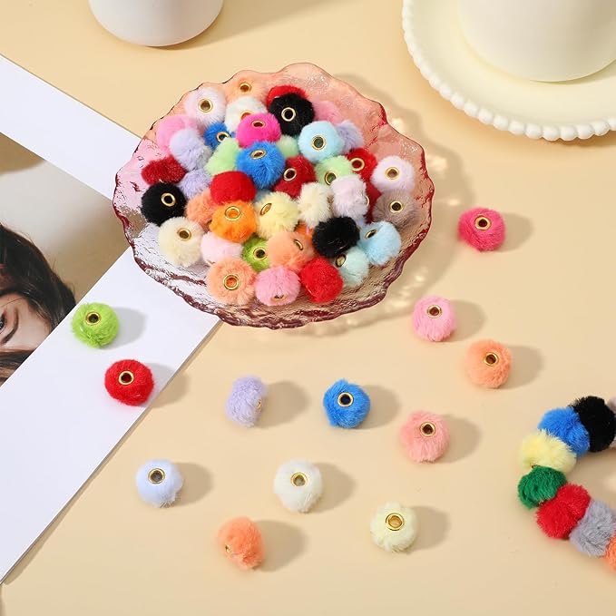 300 Pcs Fluffy Faux Fur Pom Pom Beads, 30 Colors Soft Fuzzy Craft Beads for DIY Jewelry, Keychains, Pens and Handicrafts Accessories