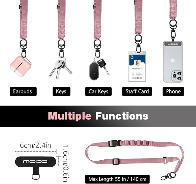 MoKo Universal Phone Lanyard, Nylon Adjustable Cell Phone Crossbody Strap Detachable Women & Men Cellphone Lanyards Around the Neck with Patches for iPhone, Most Smartphone, Rose Gold