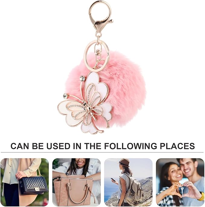 SUPVOX Diamond-encrusted Fur Ball Key Chain Pendant Butterfly Charm Pink Fuzzy Ball Key Ring for Bags Car Lightweight Creative Accessory