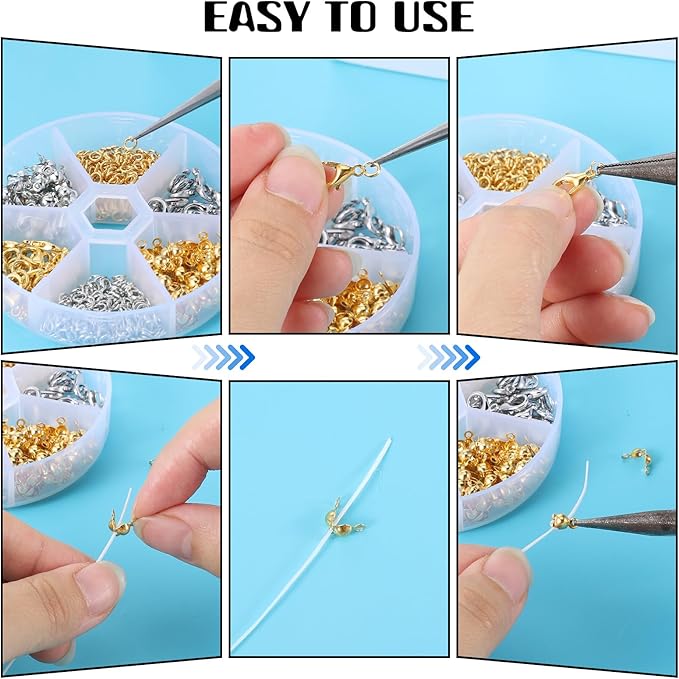 570 Pcs Lobster Claw Clasps Set with 4mm Open Jump Rings Connectors and 4mm Bead Tips Knot Covers for Jewelry Making Kit Jewelry Clasps DIY Craft (Gold,Silver)