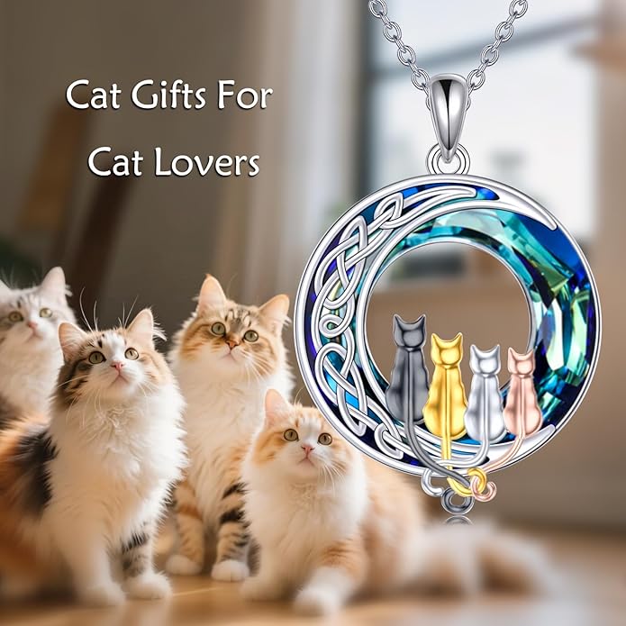TOUPOP Cat Gifts for Cat Lovers One Two Three Four Cats Necklace Sterling Silver Cats on the Moon Pendant Necklace with Blue Circle Crystal Birthday Christmas Celtic Jewelry Gifts for Women