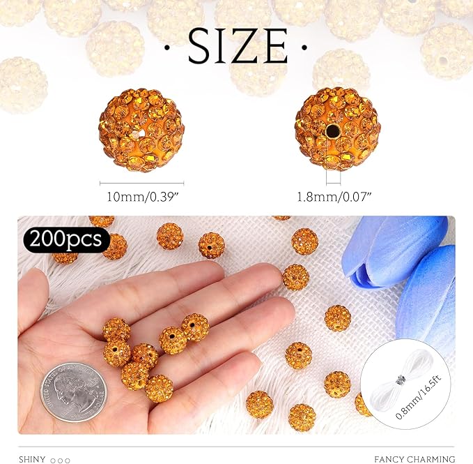 200 Pcs Golden Rhinestone Beads for Jewelry Making, Sparkle Crystal Clay Christmas for Bracelet Baseball Necklace Earring Crafting and DIY, Shiny Round Shamballa Disco Ball Beads Bulk