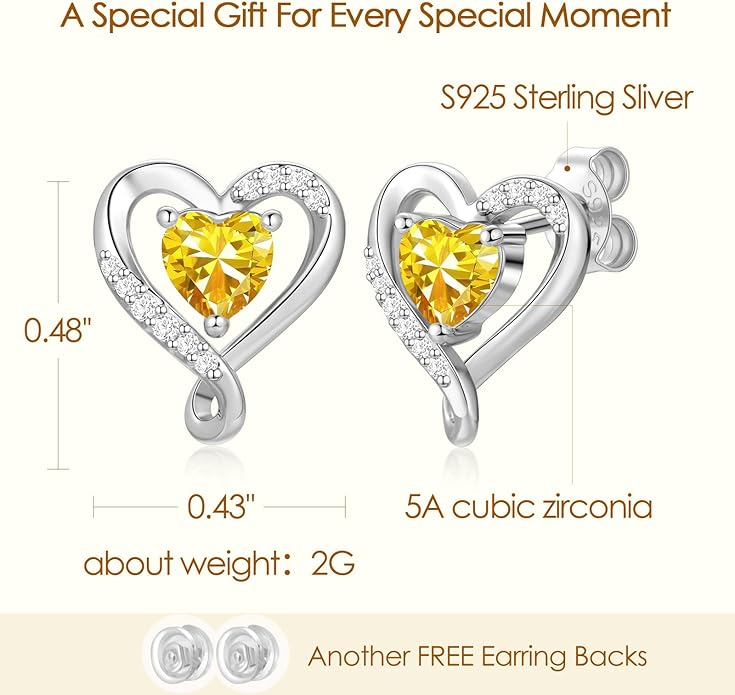 Zifeel Earrings for Women, S925 Sterling Silver Rose Gold Birthstone Heart Studs Earring for Girlfriend Wife, Anniversary Birthday Christmas Valentines Mothers Day Gifts Jewelry for Women Wife Her Mom
