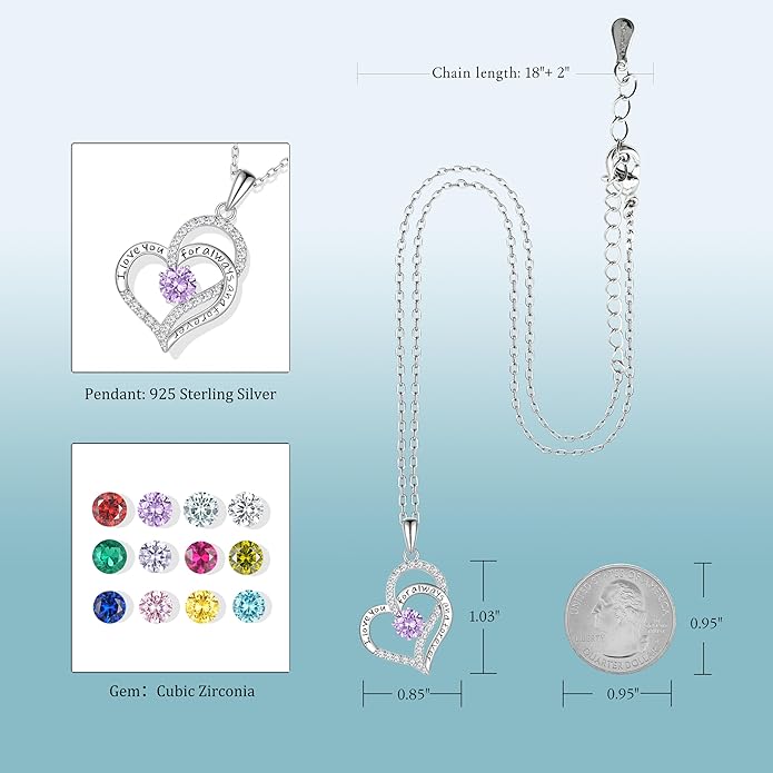 LynChoe Birthday Gifts Double Heart Birthstone Necklace for Women, S925 Sterling Silver Pendant Necklace Jewelry for Her Mother Mom Wife Girlfriend