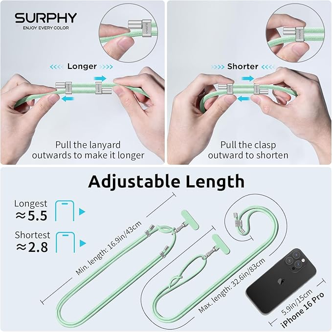 SURPHY Phone Lanyard, Adjustable Phone Strap Crossbody with 2 Pack Phone Tether Tab, Premium Metal Buckles, Skin-Friendly, Universal Cell Phone Lanyard Crossbody for Women and Men, Green