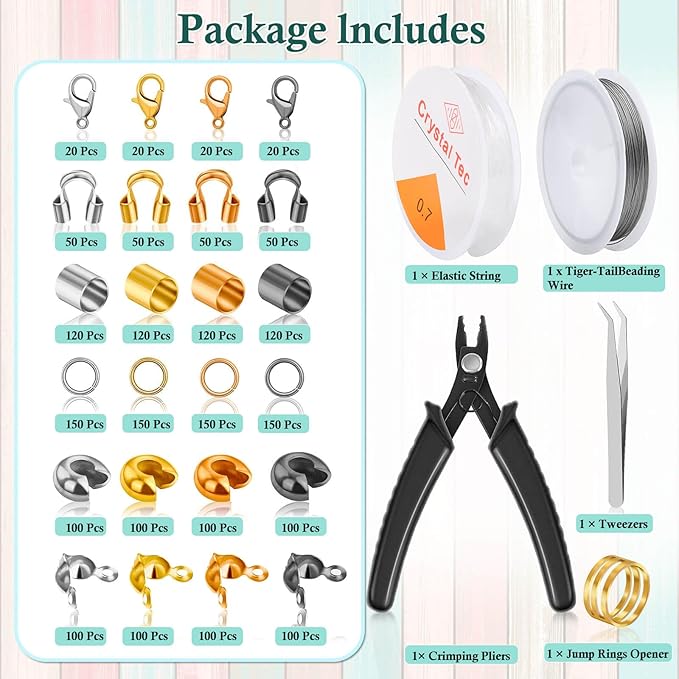 Acejoz 2160 Pieces Crimp Beads Kit for Jewelry Making, Knot Covers, Crimp Bead Covers, Crimp Tubes, Jump Rings and Wire Guardians with Crimping Pliers, Elastic String for Bracelets Necklaces Making