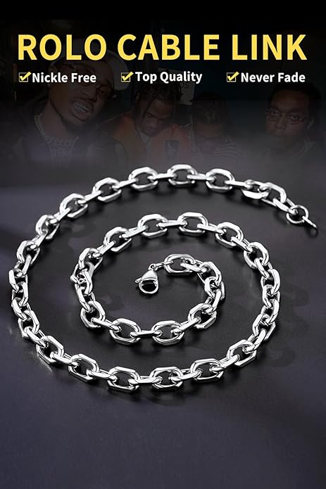 ChainsHouse Stainless Steel Cable Chain Necklaces for Men Women, 3mm/5mm/7mm/9mm/12mm 18K Gold/Black Plated Mens Cable Link Chains, 18"-30" Length - Send Gift Box