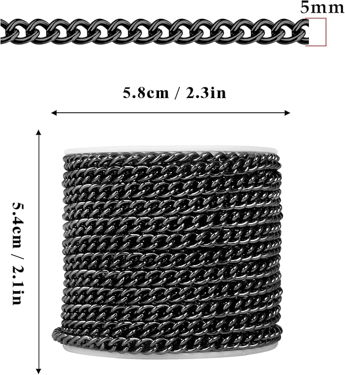 33FT Gunmetal Stainless Steel Curb Chains Roll, 5mm 304 Stainless Steel Black Flat Twisted Links Curb Chains Bulk Spool for Jewelry Making DIY Craft