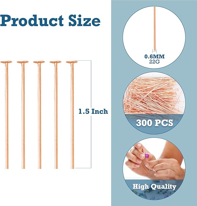 Mandala Crafts 1.5 Inch Rose Gold Flat Head Pins for Jewelry Making Earring Making Supplies – 300 PCs Jewelry Findings for Making Earring DIY Bracelets Rosary Charms