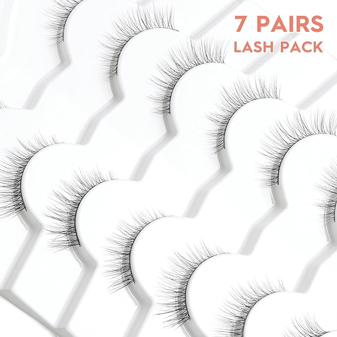 Natural Lashes Eyelashes Wispy Cat Eye Lashes with Thin Band 10mm Lash Strips Siligli Eyelashes 3D Volume Lash C Curl Natural Eyelash Pack 7 Pair