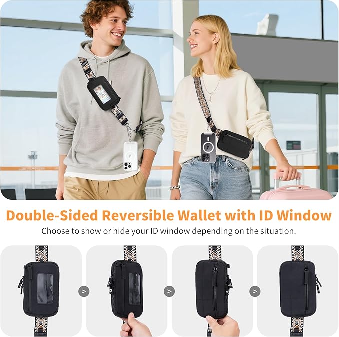 Clip and Go Strap for Phone with Wallet Crossbody Phone Lanyard with Anti-Theft Zipper Pouch Detachable Quilted Wrist Wallet with RFID and ID Window for Daily Travel.