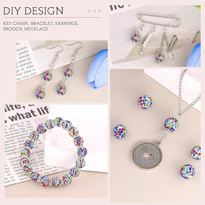 200 Pcs White Mixed Rhinestone Beads for Jewelry Making, Sparkle Crystal Clay Christmas for Bracelet Baseball Necklace Earring Crafting and DIY, Shiny Round Shamballa Disco Ball Beads Bulk