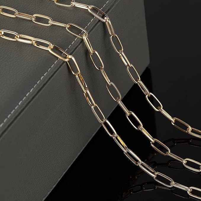 16.4 Feet Aluminum Oval Light Gold Chains for Jewelry Making Unwelded Textured Paperclip Link Cable Chain Roll Necklace Chains Bulk with Lobster Clasps and Jump Rings