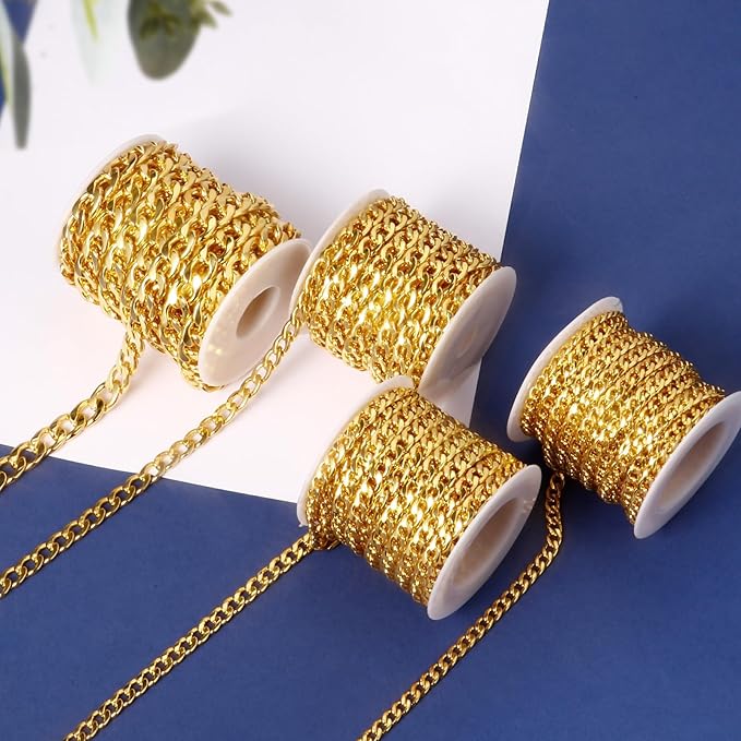 [16.5 FT] 18K Gold Plated Curb Chain for Jewelry Making, 9.8mm Wide 304 Stainless Steel Cuban Link Chain Roll Bulk for DIY Jewelry Making Craft