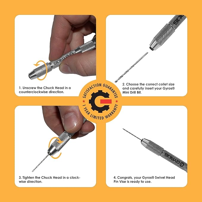 GYROS Swivel Head Pin Vise Hand Drill, 0"(0mm) to 1/8"(3.175mm) w/Anti-Slip Nickel Plated Steel Body & 2 Reversible Collets, Small Hand Drill for Precision Drilling of Jewelry, Plastic, & Wood